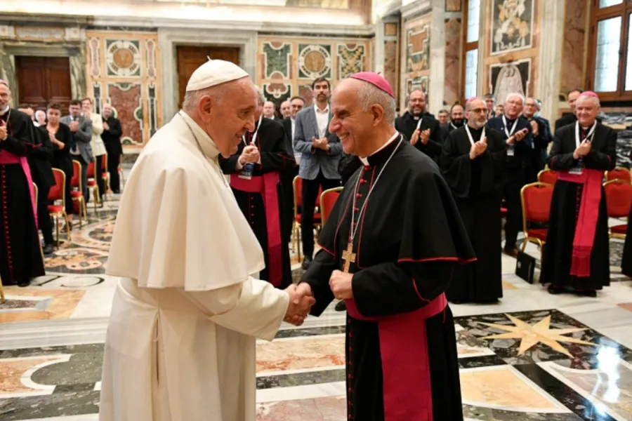 Pope Francis greets Archbishop Rino Fisichella in the Vatican's Clementine Hall, Sept. 17, 2021.?w=200&h=150